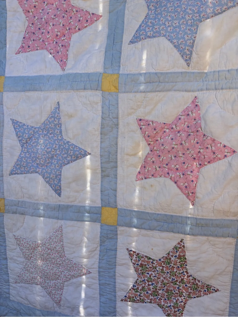 Antique Handmade Patchwork Star Quilt in Blue, Pink, & Yellow-62x78”